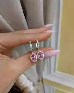 Schöne ovale Ohrstecker 1,76 kt natürlicher rosa Saphir & Diamant 14 K Weißgold - Bild 1 von 5