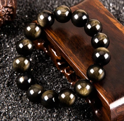 Idea de Regalo Hecho a Mano 10mm Natural Dorado Negro Obsidiana Cuentas Pulsera Ecológica Foto 1 de 4