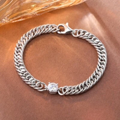 1CT D VVS1 Real Moissanite Cuban Link Bracelet 14K White Gold Plated Curb Chain - Image 1 of 4