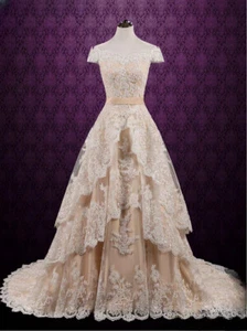 Elegant Champagne Wedding Dress A-Line Off-Shoulder Appliques Tiered With Belt - Picture 1 of 7