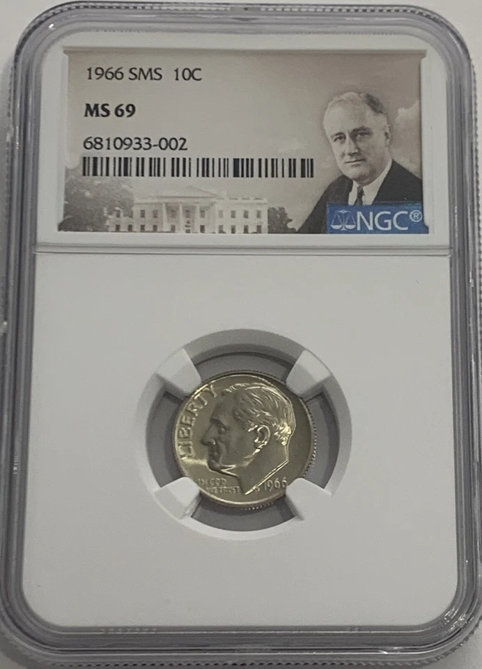 1966 SMS NGC MS69 Roosevelt Dime 10C Special Mint Set Uncirculated Portrait Lbl - Image 1 of 3