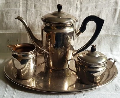 WMF Set Teekanne, Milchkännchen, Zuckerdose, Tablett - Straußenmarke G/1909-1920 - Bild 1 von 4