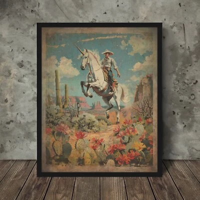 Arte de pared vintage UNICORN COWBOY, fantasía occidental cactus caballo decoración botánica Foto 1 de 4