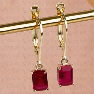 3.00Ct Emerald Shape Natural Ruby & Diamond Drop Earring 14K Yellow Gold Plated - Picture 1 of 9
