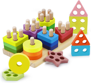 Kizmyee Montessori Toddler Toys, 24pcs Geometric Shapes Sorting and Stacking for