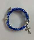 Wonderful Vintage AB Blue Beaded Faux Pearl Religious Charms Wrap Bracelet