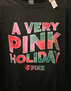 Victoria's Secret PINK A VERY PINK HOLIDAY Black PJ Sleep T-Shirt One Size NWT - Picture 1 of 9