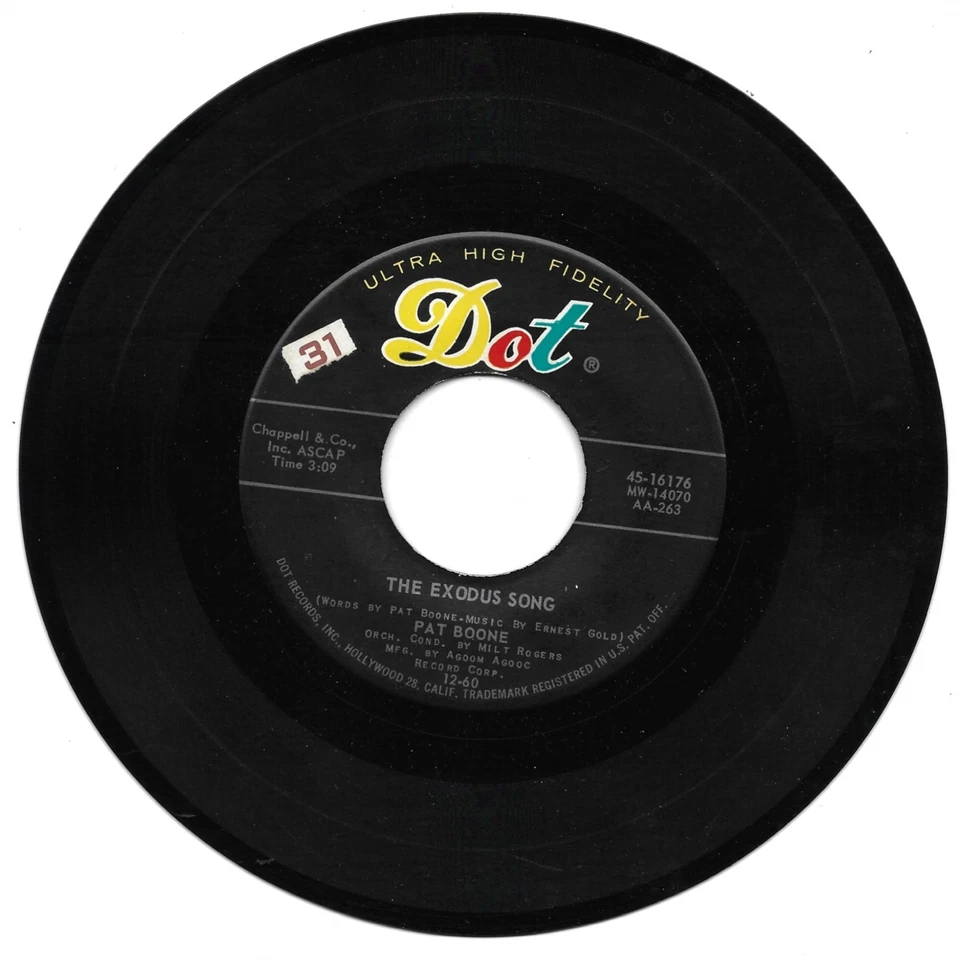 Pat Boone: "The Exodus Song" / "There's A Moon Out Tonight" - VG+ '61 plays NM! - Image 1 of 1