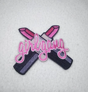 GIRL GANG Embroidered Iron On Patch Dual Crossed Pink & Black Lipsticks - Picture 1 of 3