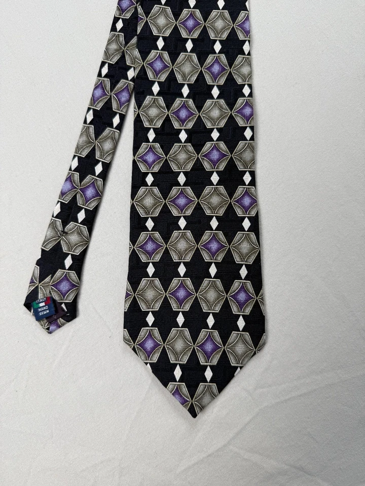 Corbata de seda italiana vintage Louis Roth geométrica negra púrpura 3,75 x 54 hecha en EE. UU. Foto 1 de 4