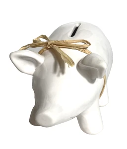 White Ceramic Piggy Bank with Ribbon Bow Farmhouse Decor Coin Bank Cute Gift's - Picture 1 of 7