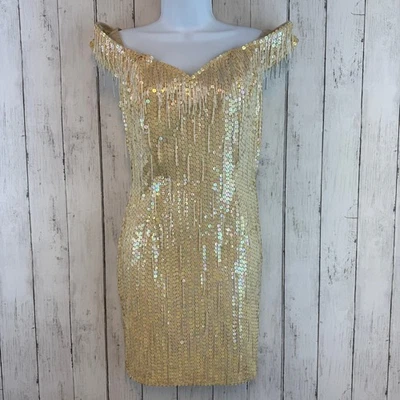 VTG Nadine Cream Iridescent Sequin Fringed Off-the-Shoulder Cocktail Dress Small - Image 1 of 4