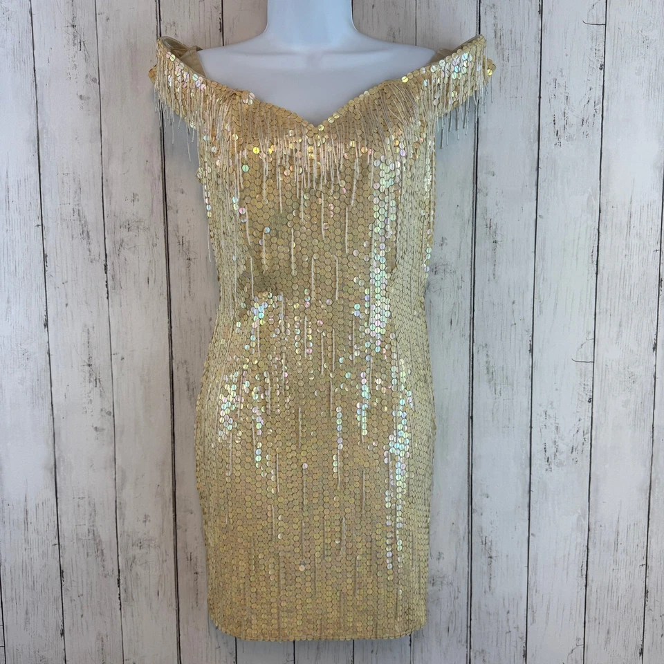 VTG Nadine Cream Iridescent Sequin Fringed Off-the-Shoulder Cocktail Dress Small - Image 1 of 4