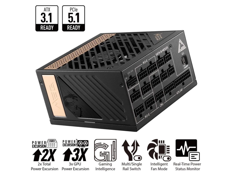 MSI MEG Ai1300P PCIE5, Fully Modular Gaming 1300W Power Supply, 80+ Platinum, - Image 1 of 4