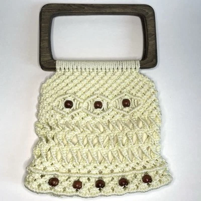 Vintage 1970's Macrame Purse Wood Handle + Beads Festival Boho Cream Hippie 15" - Image 1 of 4