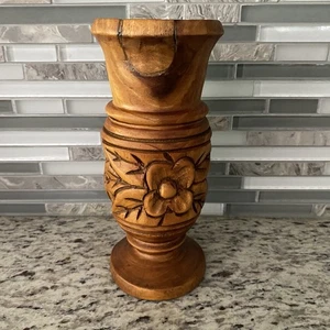 Holz Handgeschnitzt Vase Floral Vintage 8" Wohndeko Volkskunst Stammeskunst - Bild 1 von 8