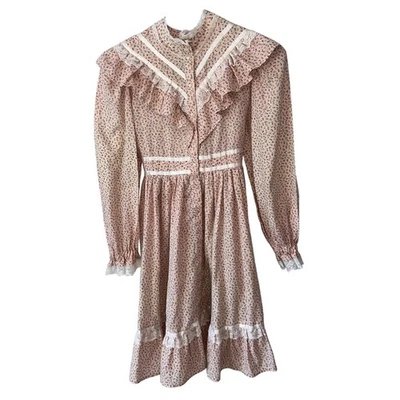 Vestido vintage anos 70 estilo Gunne rosa calico floral renda babado pradaria boho meninas GG - Imagem 1 de 4