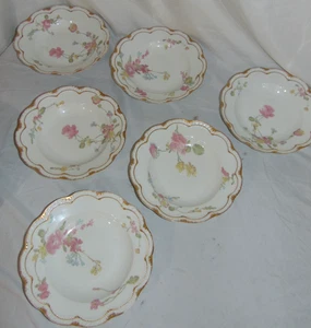 6 French Haviland Co President Carnot Pink Rose Limoges Rimmed Soup Bowls - Picture 1 of 8