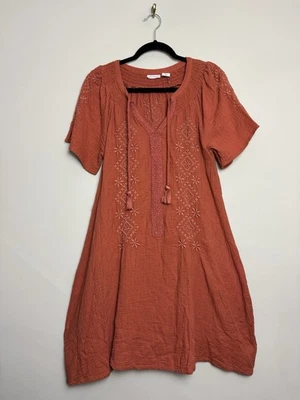 Lucky Brand Womens Dress Sz XS Short Sleeve Cotton Shirtdress Brown Embroidered - Image 1 of 4