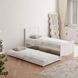 Oikiture Trundle Bed Frame Single Size Wooden Daybed White - Picture 1 of 4