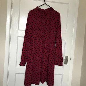 Papaya Burgundy Spotty Dress Long Sleeve Size 16 High Neck Ruffle Midi Polka Dot - Picture 1 of 12