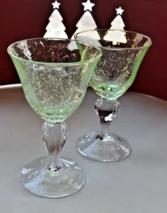2 ~ Bubble Glass Hand Blown Wine or Water Goblets Light Emerald Green Bowl VTG - Picture 1 of 9