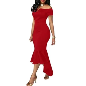 Sophisticated Off Shoulder Ruffle Asymmetric Mermaid Hem Semi-Formal Red Dress M - Picture 1 of 7