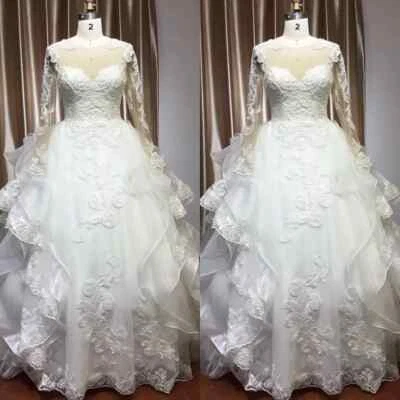 Elegant Organza Wedding Dresses Long Sleeves Lace Applique Ruffles Bridal Gown - Image 1 of 4