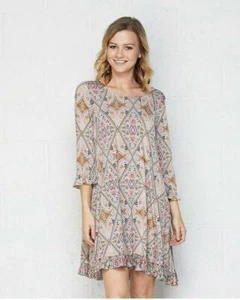 Easy Does It Print Dress with 3/4 Sleeves with Ruffle Detail - Picture 1 of 6