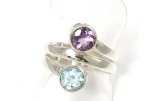 BLAU-TOPAS / AMETHYST Ring 925 Silber / TOPAZ BLUE/AMETHYSTE Ring Gr. 55 H311 - Picture 1 of 2