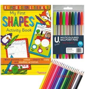 CHILDREN'S MY FIRST SHAPES LEARNING COLOURING ACTIVITY BOOK  18 PENCILS AGE 3-4 - Picture 1 of 12