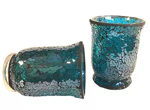 Set of 2 Hand Blown Mosaic Crackled Turquoise Blue Glass Candle Holder 5.5" - Picture 1 of 12