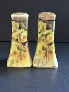 Mini Vintage Floral Hand Painted Gold Gilded Salt & Pepper Shakers Yellow Roses - Picture 1 of 19