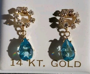 Blue Topaz Labcreated & White Sapphire Stud Earrings 14kt Solid Yellow Gold - Picture 1 of 22