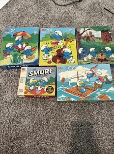 Smurf Puzzle Lot (4) And Smurf Card Game 1980’s Milton Bradley - Picture 1 of 5