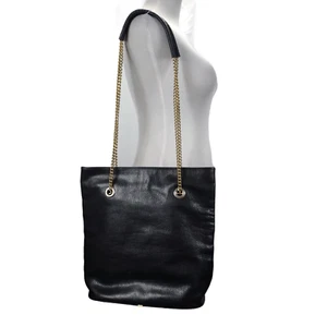Vintage I Santi Chain Strap Large Tote Bag Black Pebbled Leather Italy - Picture 1 of 18
