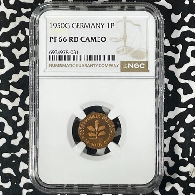 1950-G West Germany 1 Pfennig NGC PR66RD Cameo Lot#G9935 Proof! 1,800 Minted - Image 1 of 3