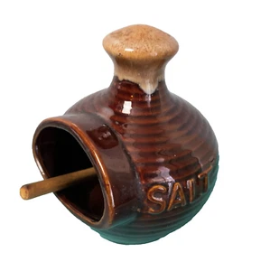Retro Drip Glaze Stoneage Taiwan Salt Pig Cellar Wooden Spoon Brown Vintage - Picture 1 of 9
