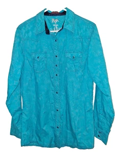 Rock 47 by Wrangler Women’s Aqua Western Shirt Snaps Burn out Size Large - Picture 1 of 7