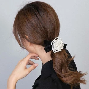 Elegant Korean Girls Women Bow Pearl Hair Rope Hair Accessories Rubber Bands - Picture 1 of 9
