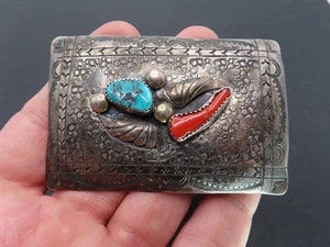 Navajo Richard Henry Yazzie Sterling Silver & Turquoise/Coral Belt Buckle, 35.1g - Picture 1 of 8