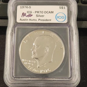 1976-S IGC PR70 DCAM SILVER Eisenhower $1 Signed Austin Hutto - Picture 1 of 3