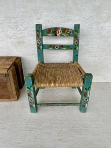 Mexican Folk Art Children’s Kid’s Chair Green Wood w/ Hand Painted Red Flowers - Picture 1 of 22