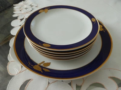 THUN Bozen Dekor Blau gold neuwertig  6  Kuchenteller + 1 Servierplatte  Porz. - Bild 1 von 4