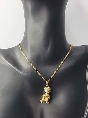 Vintage Gold Tone Frog Pendant Necklace with Green Stone Eyes Whimsical Animal - Image 1 of 4