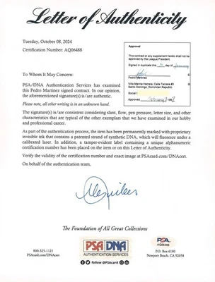 Autógrafo firmado por Pedro Martínez 1997 exposiciones contrato de jugadores PSA/DNA Foto 1 de 4