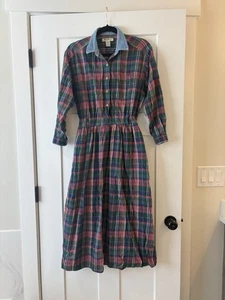 VTG Eddie Bauer Plaid Dress Denim Collar Womens Long Sleeve Petite Small - Picture 1 of 6