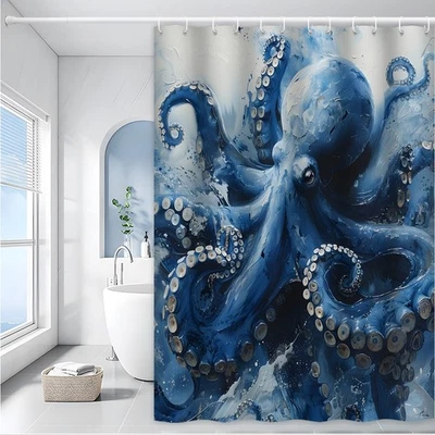 Cortina de Ducha Pulpo Azul Tentáculos Coral Animal Impermeable Baño Decoración Foto 1 de 4