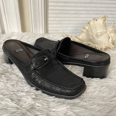 Stuart Weitzman Negro Cuero Hebilla Puntera Cuadrada Academia Slip On Mules Talla 7.5 B Foto 1 de 4