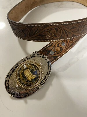 De Colección Lyatone Sillín Cuero Cinturón Botas Vaqueras Cinturón Hebilla Talla 34 2565 Grano Superior Foto 1 de 4